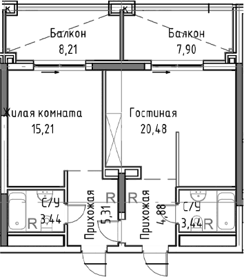 2-комн., 64.04 м²