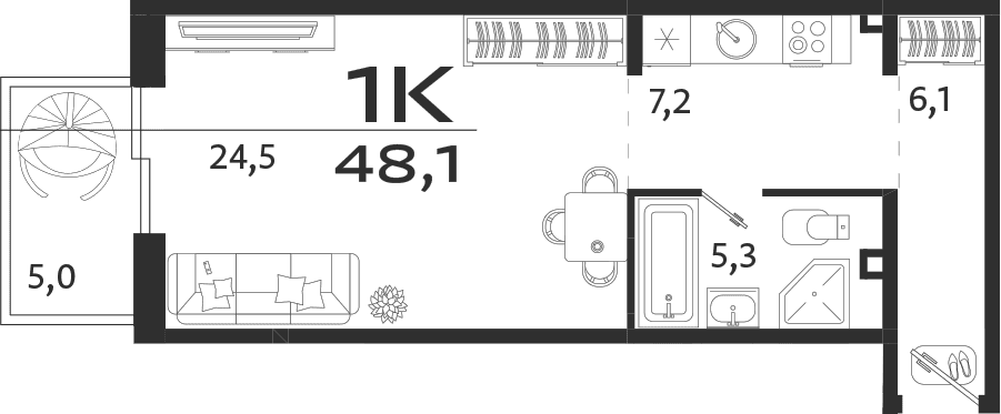 Студия, 43.1 м²