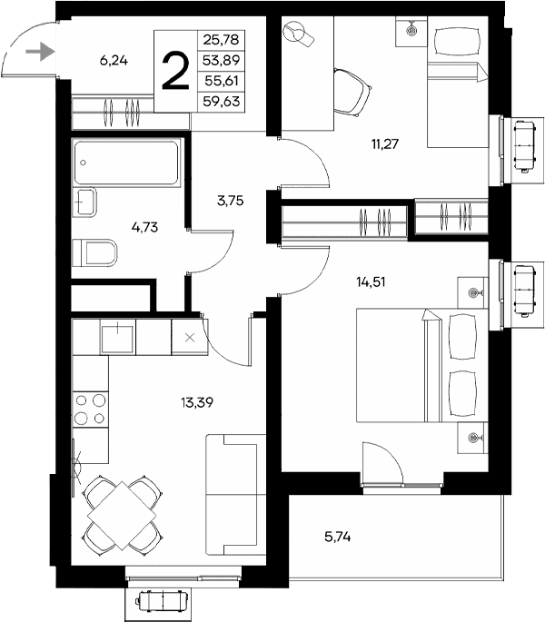 2-комн., 53.89 м²