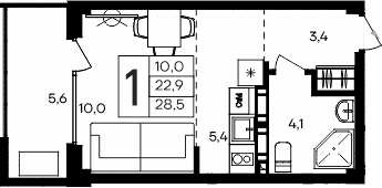 Студия, 22.9 м²