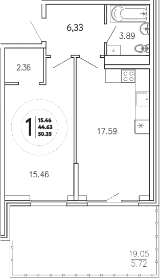1-комн., 44.63 м²