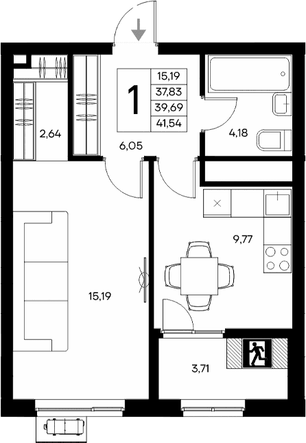 1-комн., 37.83 м²