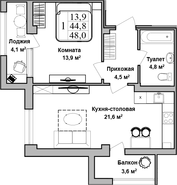 1-комн., 44.87 м²