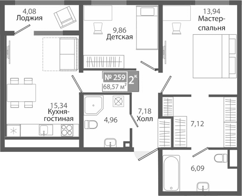 2-комн., 64.49 м²