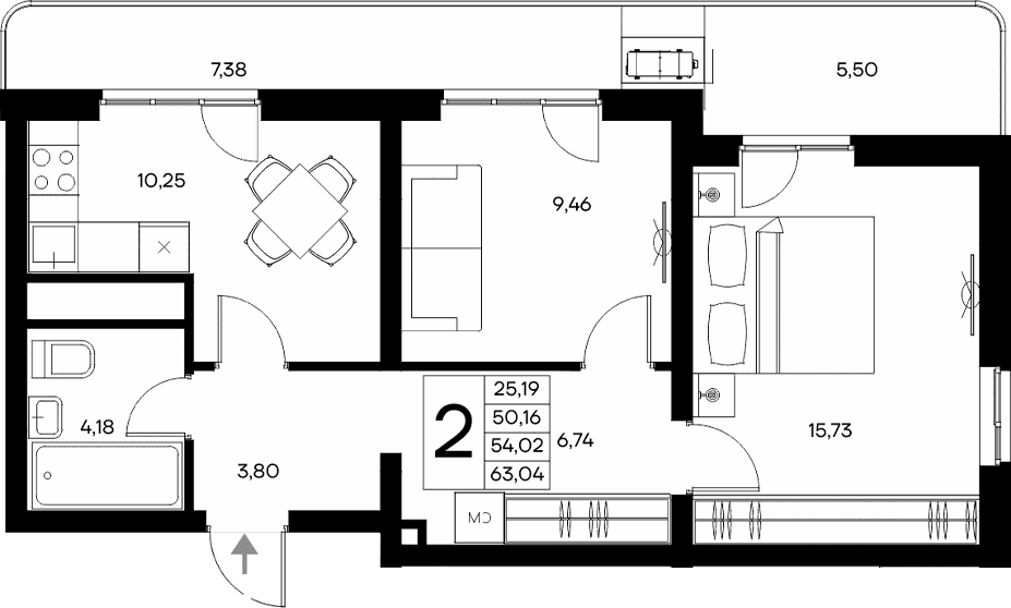 2-комн., 50.16 м²