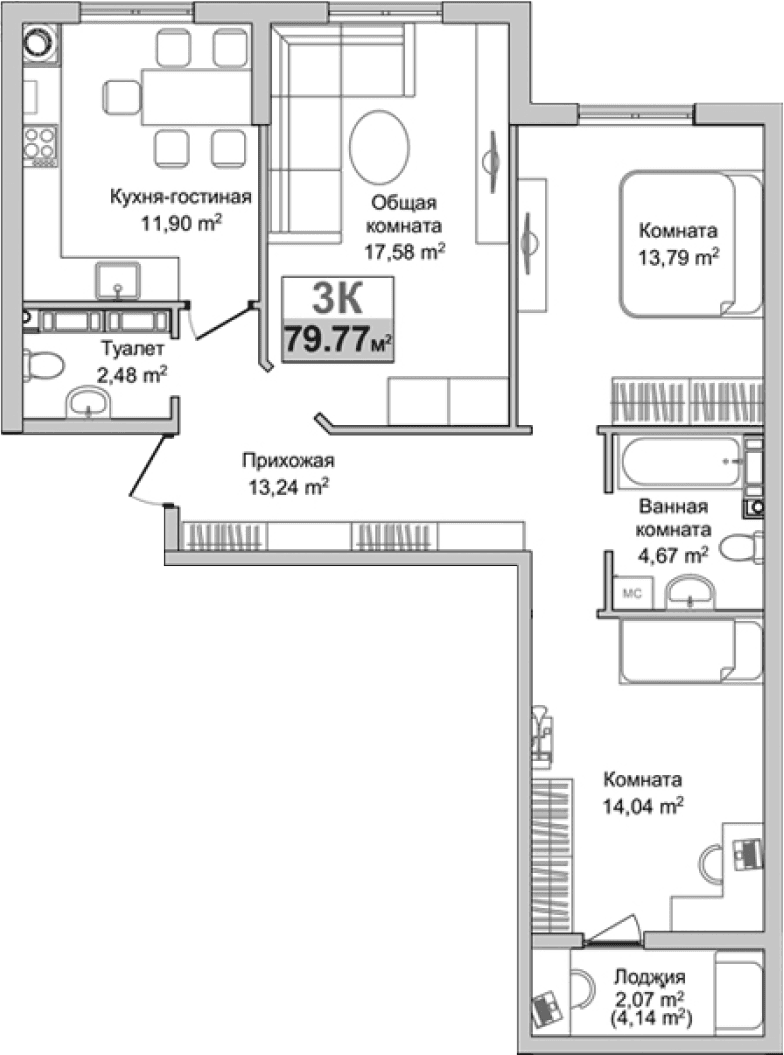 3-комн., 77.7 м²