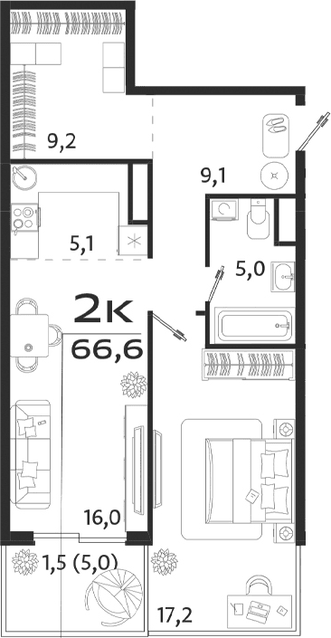 2-комн., 61.6 м²