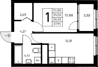 1-комн., 34.56 м²