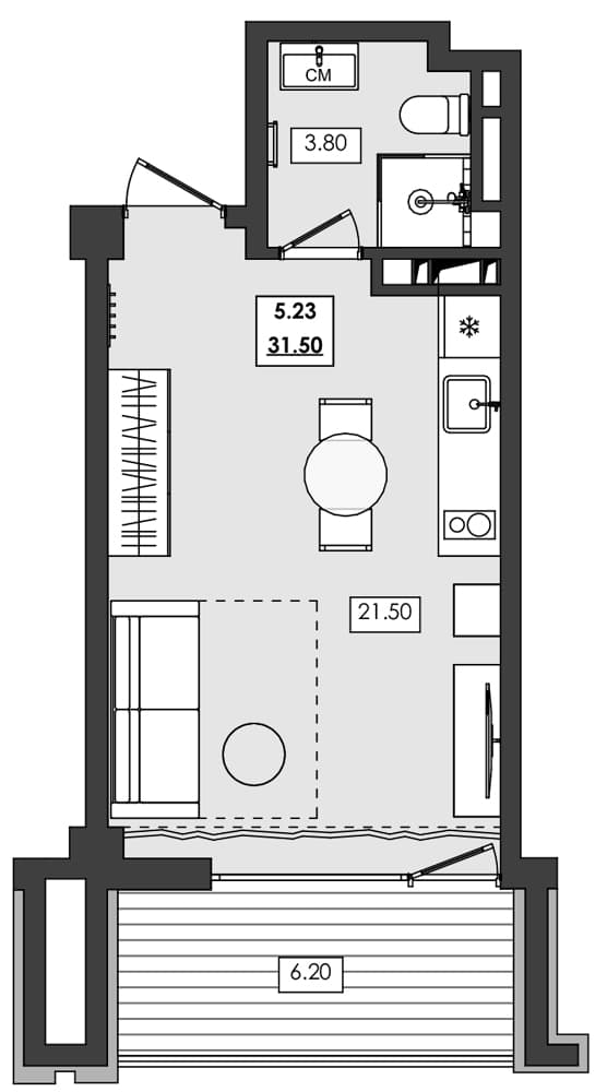 Студия, 25.3 м²