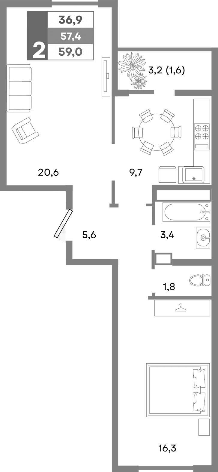 2-комн., 57.4 м²
