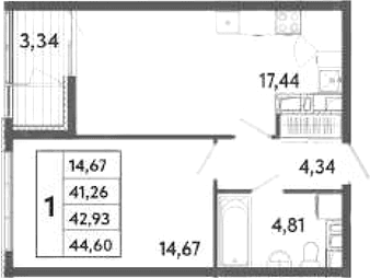 1-комн., 41.26 м²