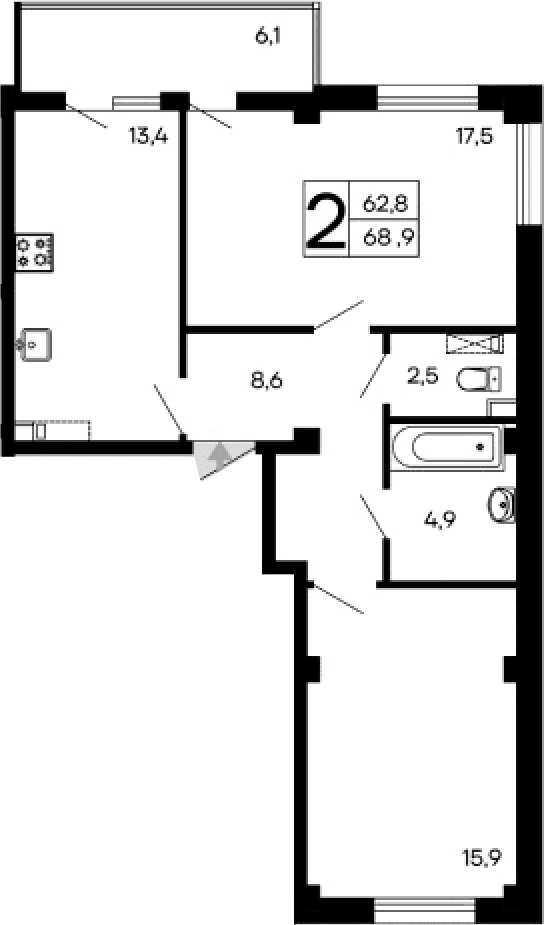 2-комн., 62.8 м²