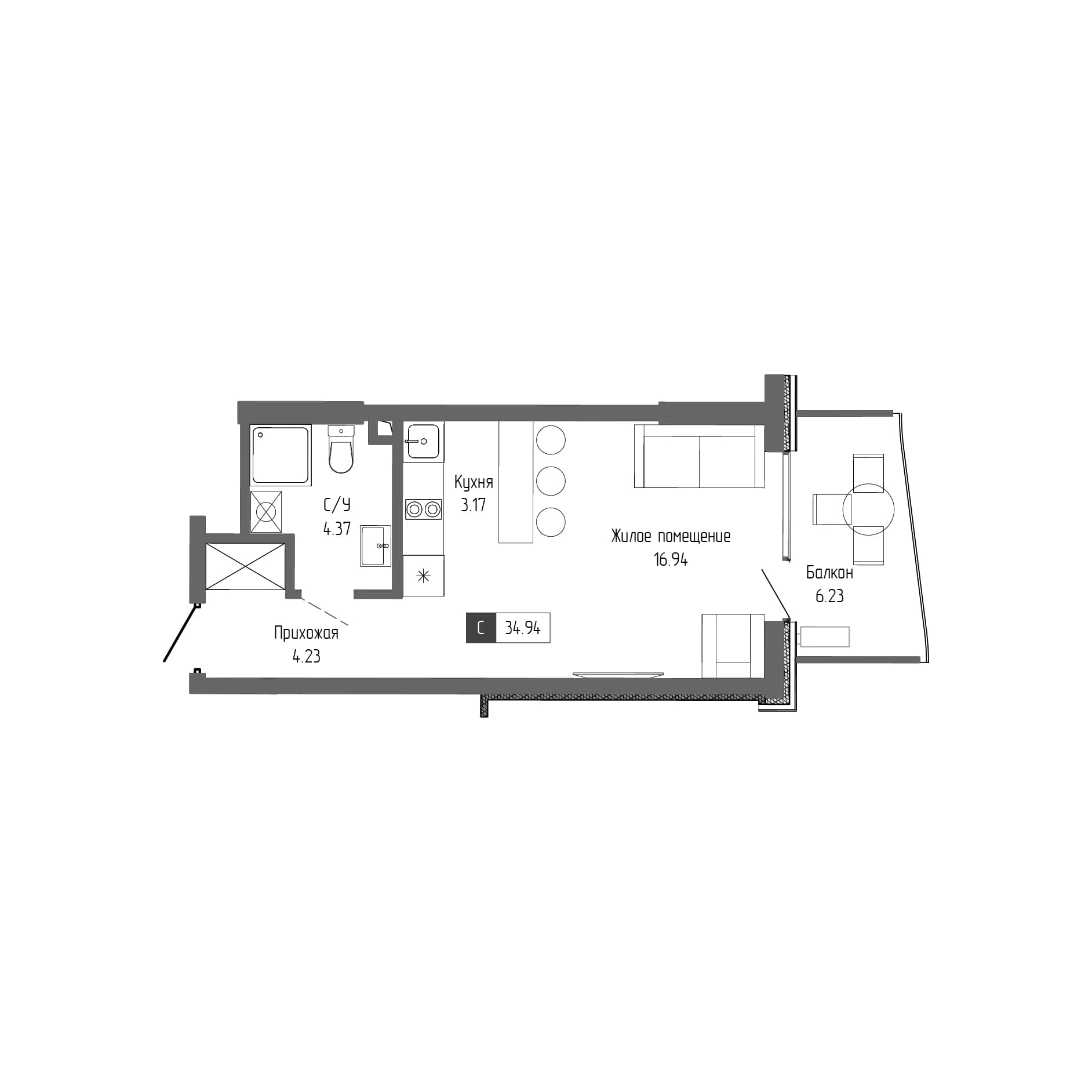 Студия, 28.71 м²
