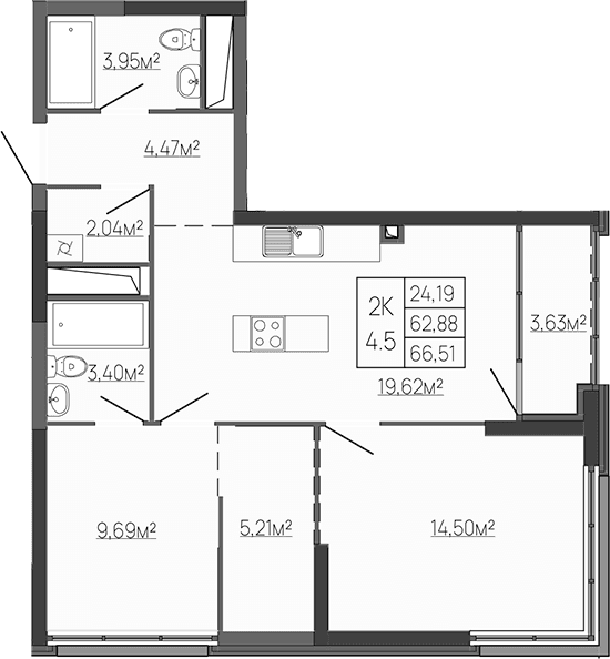 2-комн., 62.88 м²