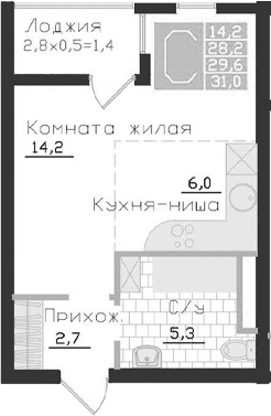 Студия, 28.2 м²