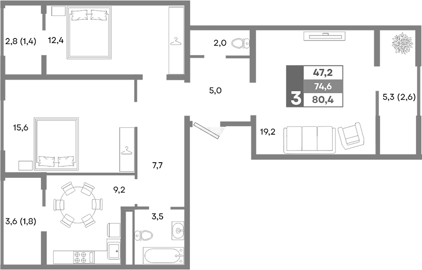 3-комн., 74.6 м²