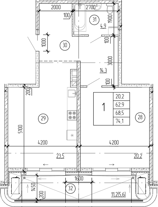 1-комн., 62.9 м²