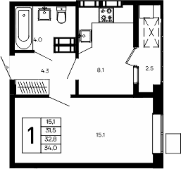 1-комн., 31.5 м²