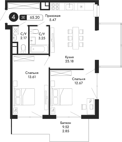 3-комн., 62.35 м²