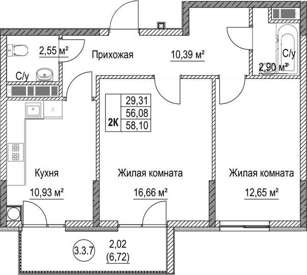 2-комн., 56.08 м²