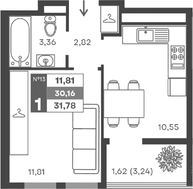 1-комн., 28.54 м²