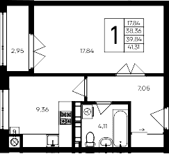 1-комн., 38.36 м²