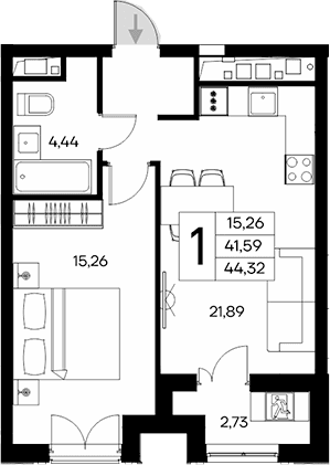 1-комн., 41.59 м²