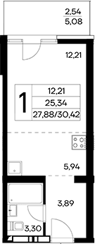Студия, 27.88 м²