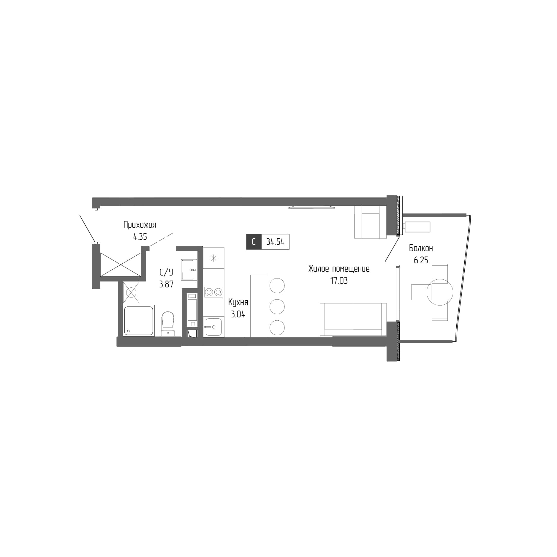 Студия, 28.29 м²