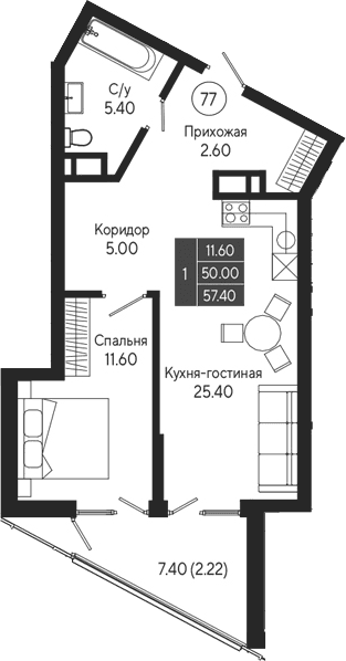 1-комн., 50 м²
