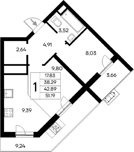 1-комн., 38.29 м²