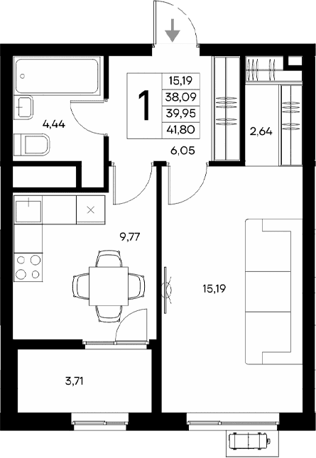 1-комн., 38.09 м²