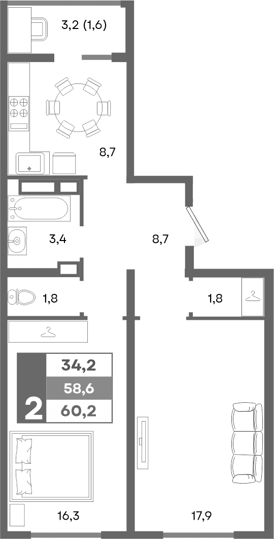2-комн., 58.6 м²
