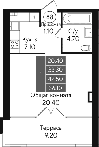 Студия, 33.3 м²