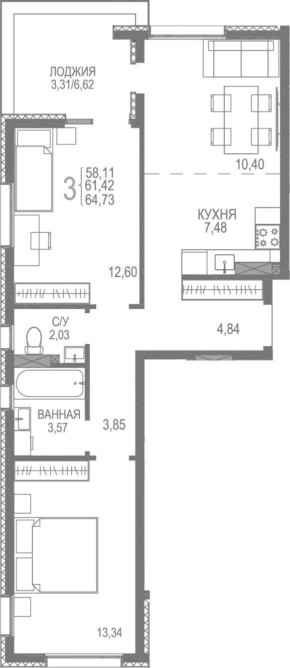 2-комн., 61.42 м²