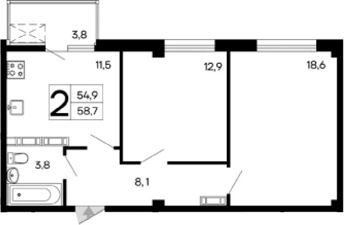 2-комн., 54.9 м²