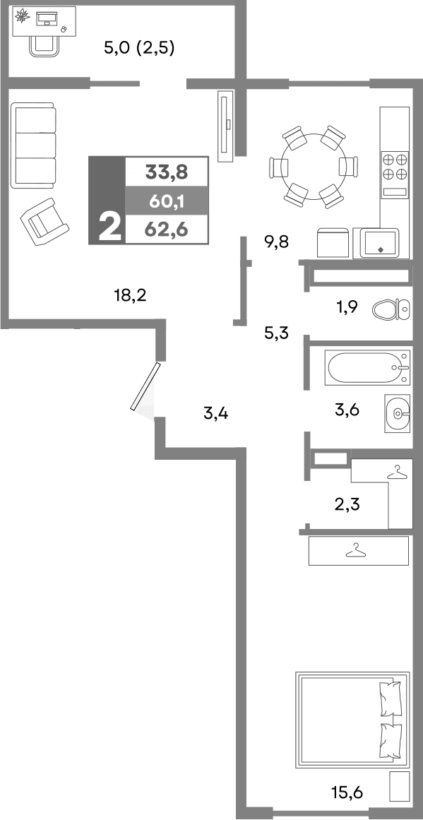 2-комн., 60.1 м²