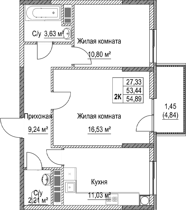2-комн., 53.44 м²
