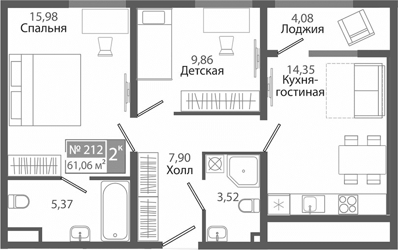 2-комн., 56.98 м²