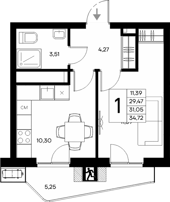 1-комн., 29.47 м²