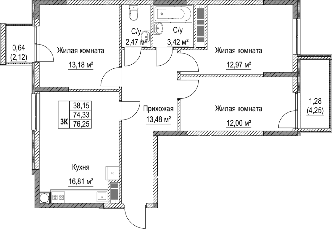 3-комн., 74.33 м²