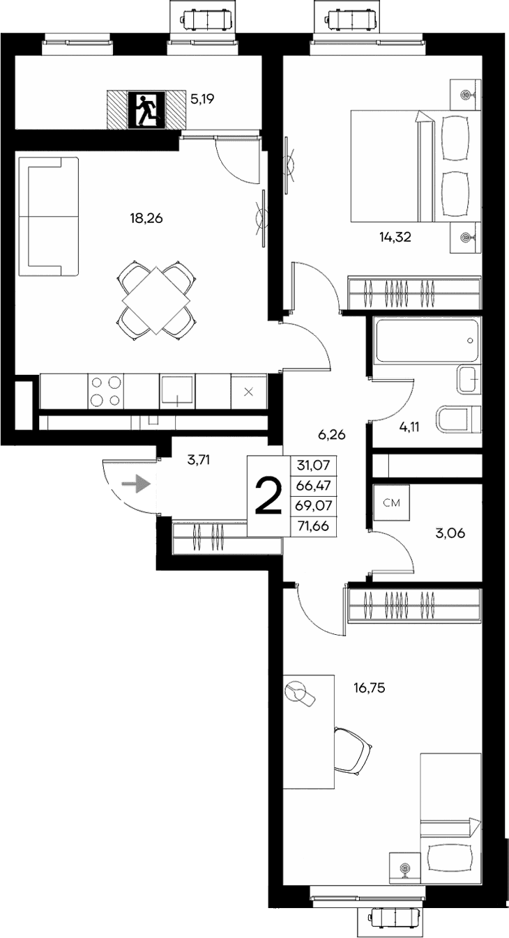 2-комн., 66.47 м²