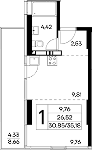 Студия, 30.85 м²