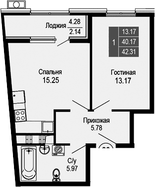 2-комн., 40.17 м²