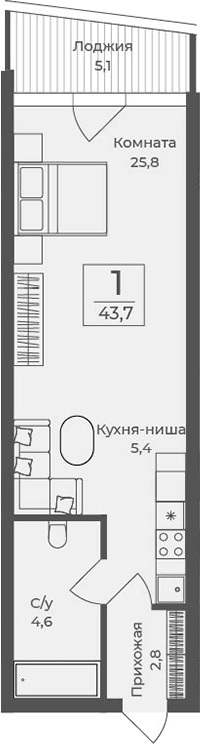 Студия, 38.6 м²
