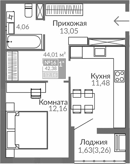 1-комн., 40.75 м²