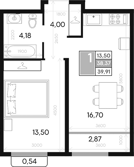 1-комн., 38.31 м²