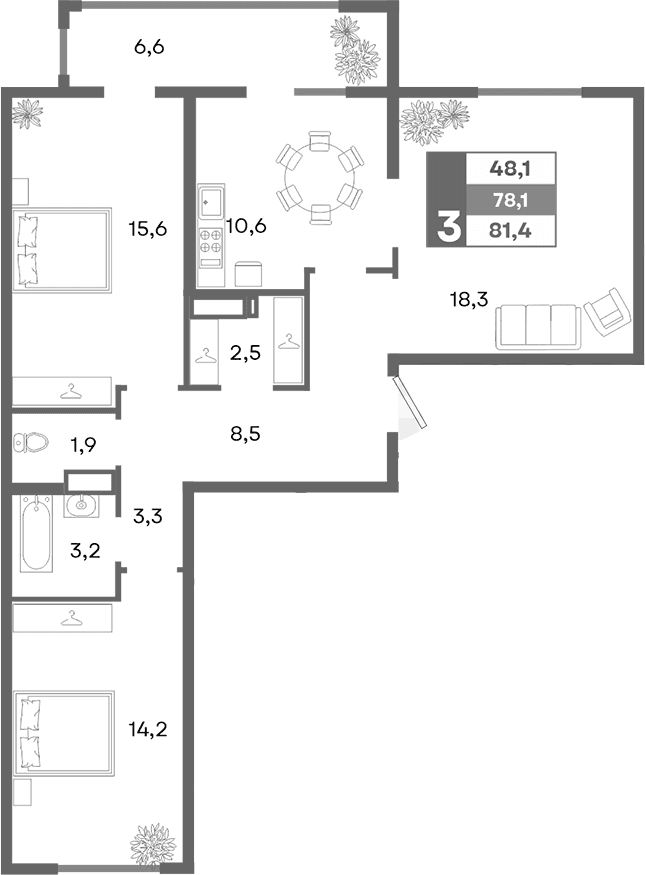 3-комн., 78.1 м²