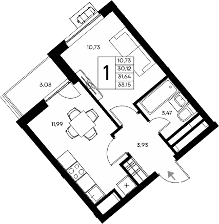 1-комн., 30.12 м²