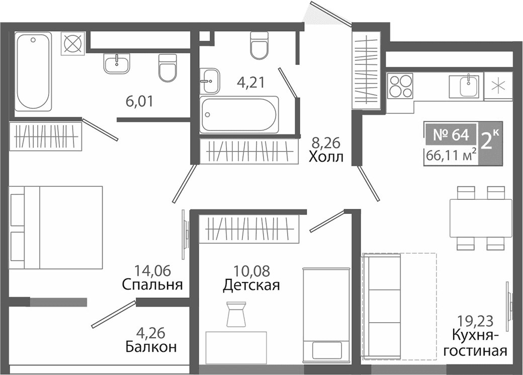 2-комн., 61.85 м²